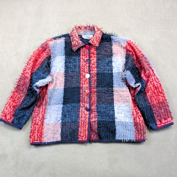 Keren Hart Vintage Eyelash Texture Plaid Shirt Jacket XL Red Navy Cotton Boho — photo 2